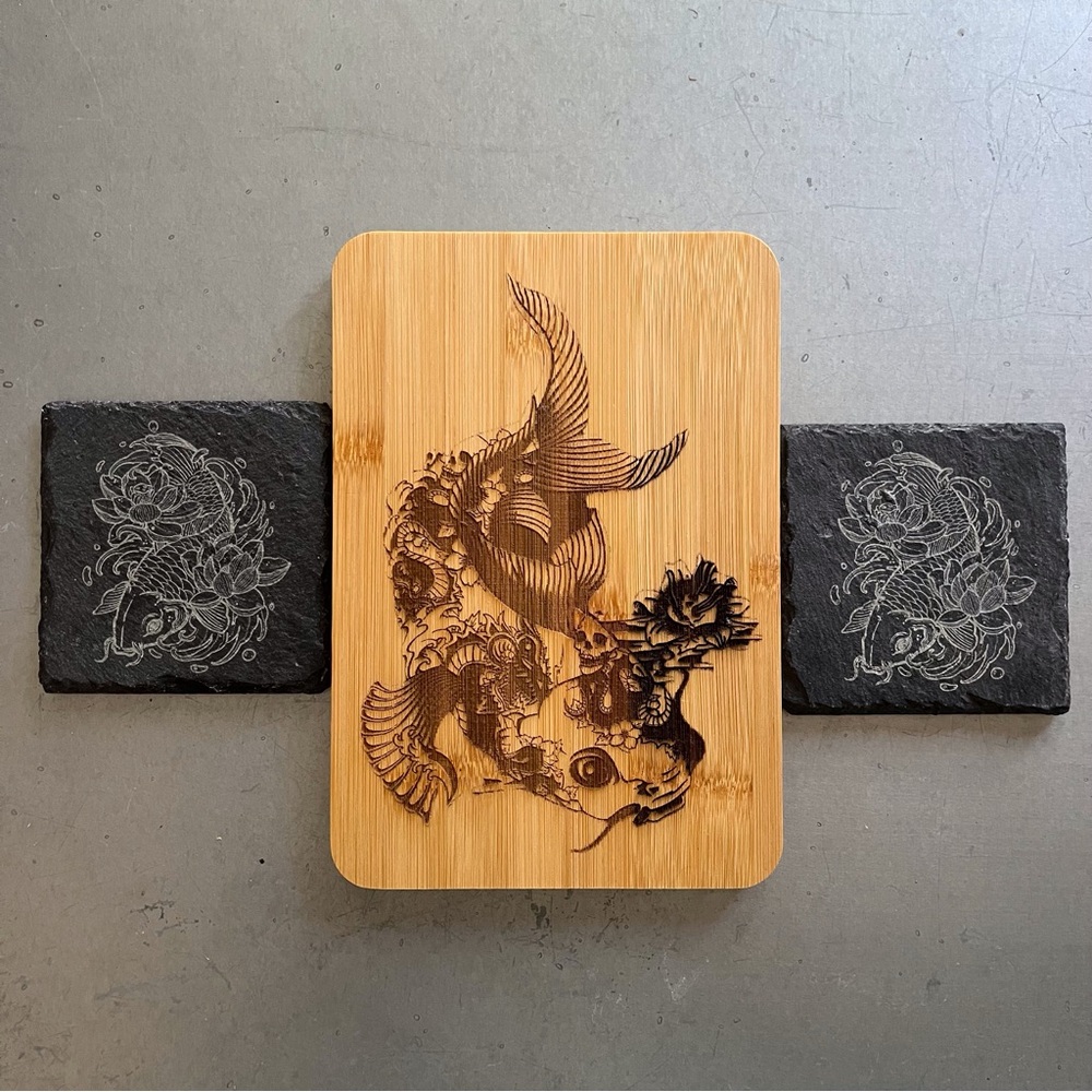 Handcrafted Koi Laser Engraved Bamboo Cutting Serving Board and Slate Coasters